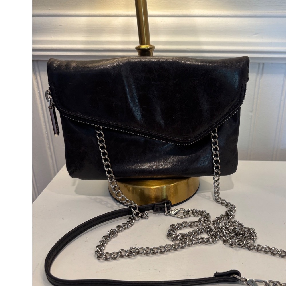 Hobo The Original Black Leather Foldover Crossbody Bag Silver Chain Strap Clutch
